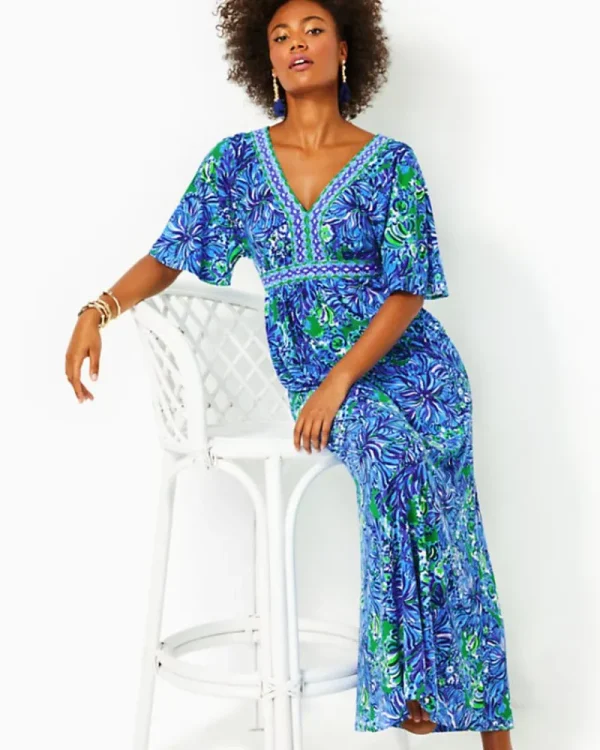 Dresses^Lilly Pulitzer Addison Elbow Sleeve Maxi Dress Abaco Blue In Turtle Awe Engineered Maxi Dress