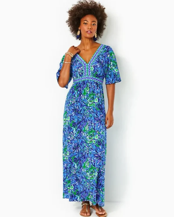 Dresses^Lilly Pulitzer Addison Elbow Sleeve Maxi Dress Abaco Blue In Turtle Awe Engineered Maxi Dress