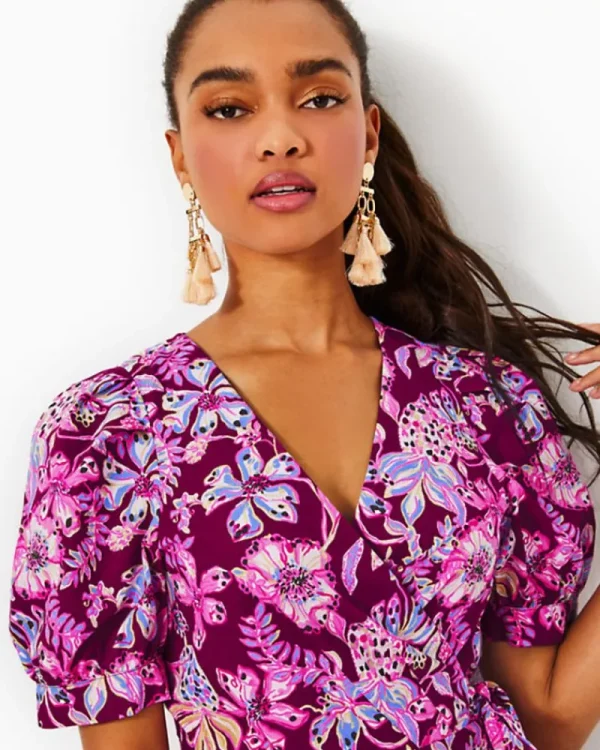 Dresses^Lilly Pulitzer Alexandria Elbow Sleeve Cotton Wrap Dress Amarena Cherry Tropical With A Twist