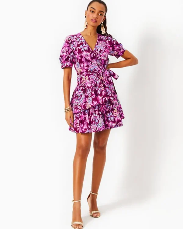 Dresses^Lilly Pulitzer Alexandria Elbow Sleeve Cotton Wrap Dress Amarena Cherry Tropical With A Twist