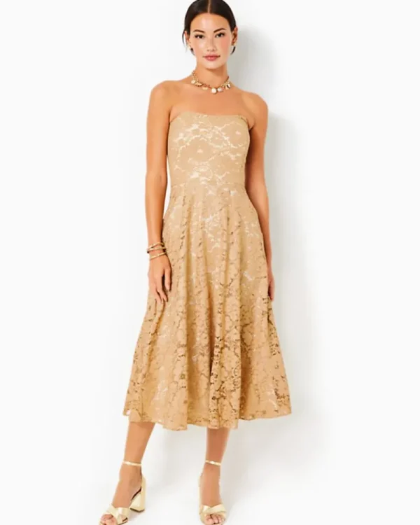 Dresses^Lilly Pulitzer Aubrianna Strapless Midi Dress Gold Metallic Gilded Floral Lace