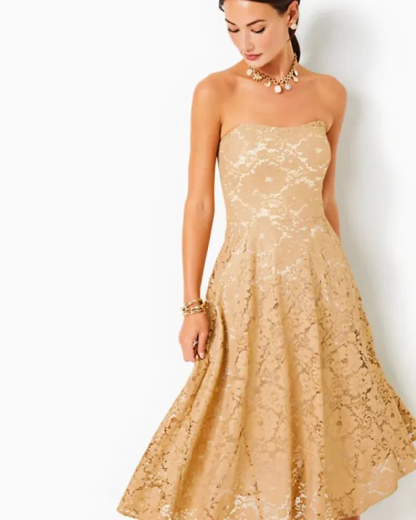 Dresses^Lilly Pulitzer Aubrianna Strapless Midi Dress Gold Metallic Gilded Floral Lace