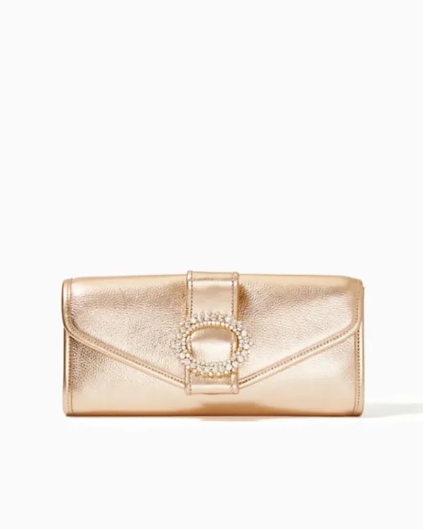 Bags^Lilly Pulitzer Benton Leather Clutch Gold Metallic