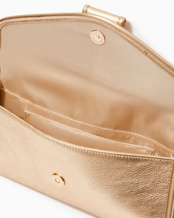 Bags^Lilly Pulitzer Benton Leather Clutch Gold Metallic