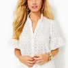 Tops^Lilly Pulitzer Calynn Eyelet Button Down Top Resort White Ditsy Diamond Poly Eyelet