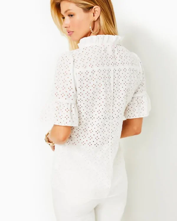 Tops^Lilly Pulitzer Calynn Eyelet Button Down Top Resort White Ditsy Diamond Poly Eyelet