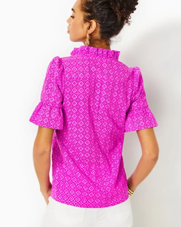 Tops^Lilly Pulitzer Calynn Eyelet Button Down Top Wild Fuchsia Ditsy Diamond Poly Eyelet