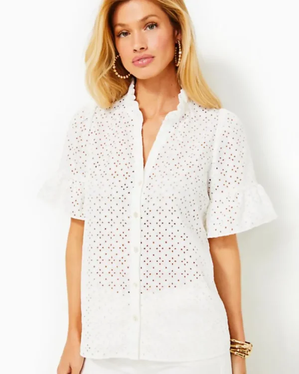 Tops^Lilly Pulitzer Calynn Eyelet Button Down Top Resort White Ditsy Diamond Poly Eyelet