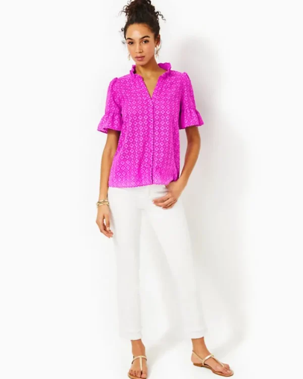 Tops^Lilly Pulitzer Calynn Eyelet Button Down Top Wild Fuchsia Ditsy Diamond Poly Eyelet