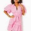 Dresses^Lilly Pulitzer Cartley Elbow Sleeve Eyelet Shirtdress Resort White X Havana Pink Flutter Eyelet