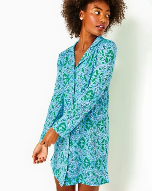 Pajamas^Lilly Pulitzer Chilton Pajama Nightshirt Bon Bon Blue Leapin Leopards