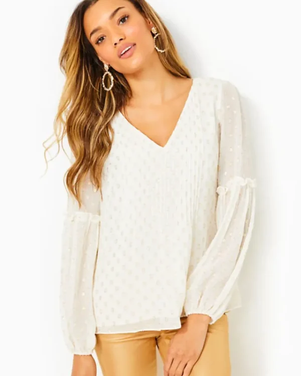 Tops^Lilly Pulitzer Cleme Long Sleeve Top Coconut Viscose Metallic Clip Dot