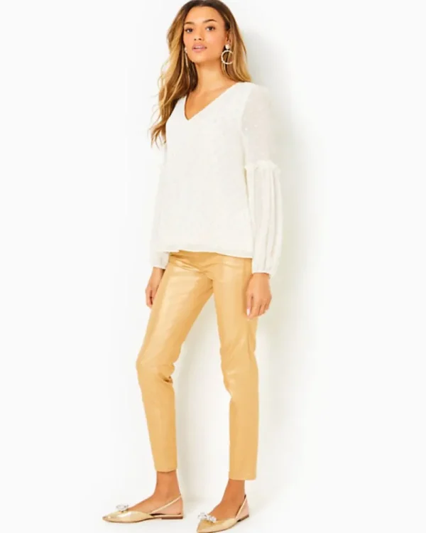Tops^Lilly Pulitzer Cleme Long Sleeve Top Coconut Viscose Metallic Clip Dot