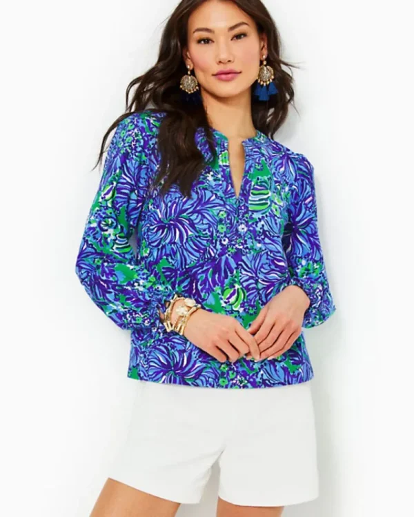 Tops^Lilly Pulitzer Coulter Long Sleeve Cotton Top Abaco Blue In Turtle Awe