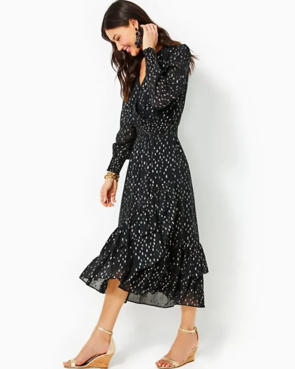 Dresses^Lilly Pulitzer Cristiana Midi Dress Onyx Viscose Metallic Clip Dobby