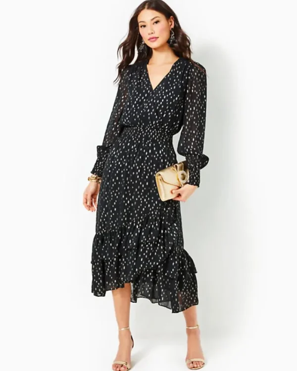 Dresses^Lilly Pulitzer Cristiana Midi Dress Onyx Viscose Metallic Clip Dobby