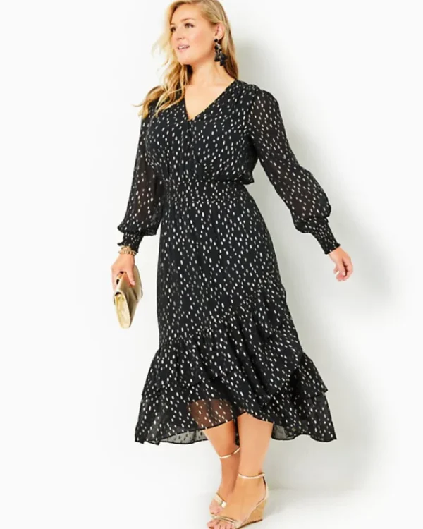 Dresses^Lilly Pulitzer Cristiana Midi Dress Onyx Viscose Metallic Clip Dobby