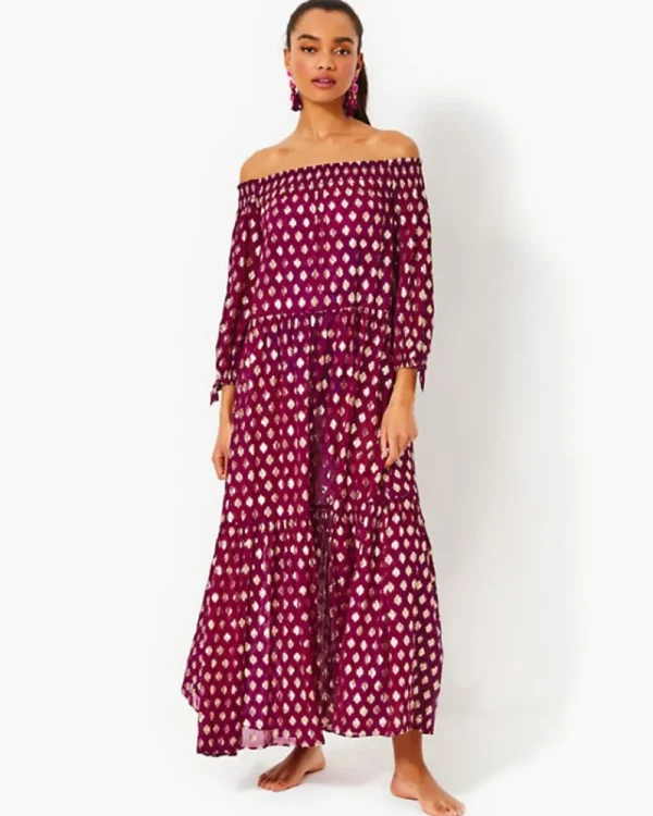 Swim^Lilly Pulitzer Dayla Maxi Cover-Up Amarena Cherry Pattern Play Viscose Metallic Clip