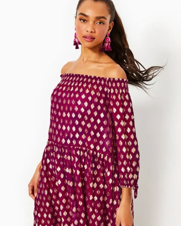 Swim^Lilly Pulitzer Dayla Maxi Cover-Up Amarena Cherry Pattern Play Viscose Metallic Clip