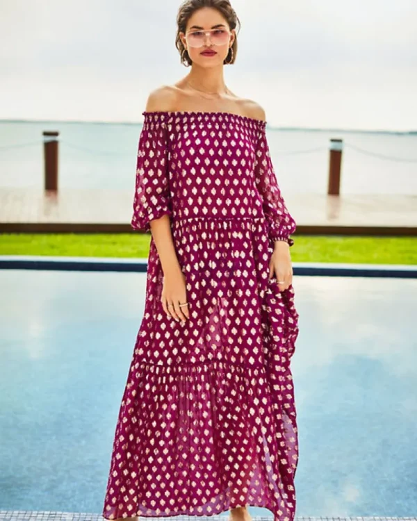 Swim^Lilly Pulitzer Dayla Maxi Cover-Up Amarena Cherry Pattern Play Viscose Metallic Clip