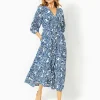 Dresses^Lilly Pulitzer Deacon 3/4 Sleeve V-Neck Cotton Maxi Dress Aegean Navy Beach Path