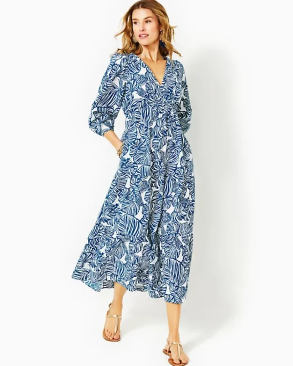 Dresses^Lilly Pulitzer Deacon 3/4 Sleeve V-Neck Cotton Maxi Dress Aegean Navy Beach Path