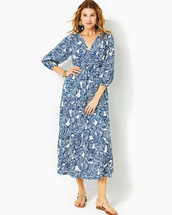 Dresses^Lilly Pulitzer Deacon 3/4 Sleeve V-Neck Cotton Maxi Dress Aegean Navy Beach Path