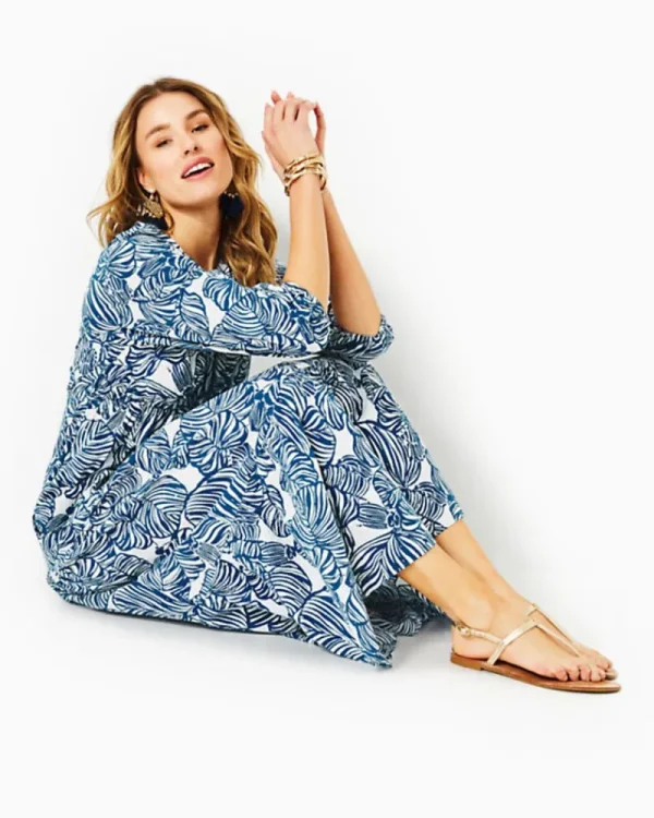 Dresses^Lilly Pulitzer Deacon 3/4 Sleeve V-Neck Cotton Maxi Dress Aegean Navy Beach Path