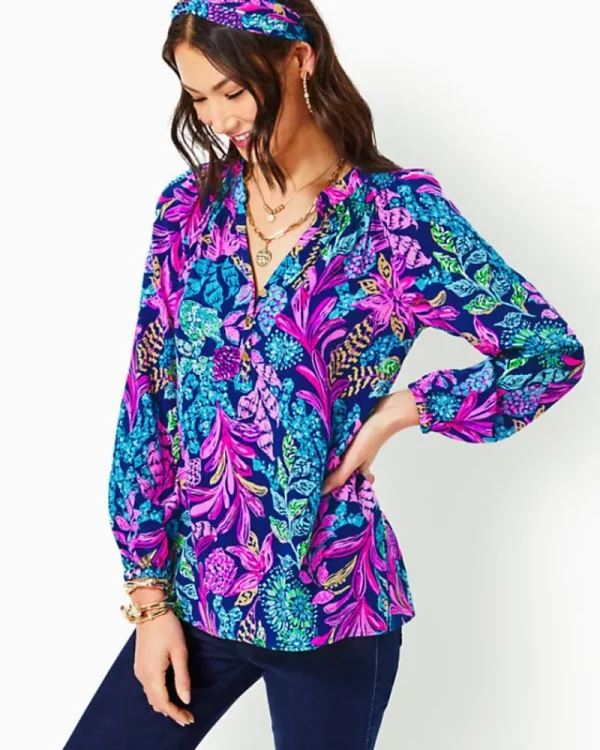 Tops^Lilly Pulitzer Elsa Silk Top Aegean Navy Calypso Coast