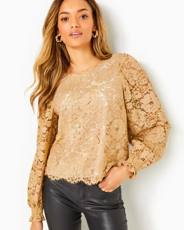 Tops^Lilly Pulitzer Everglade Straight Fit Top Gold Metallic Gilded Floral Lace