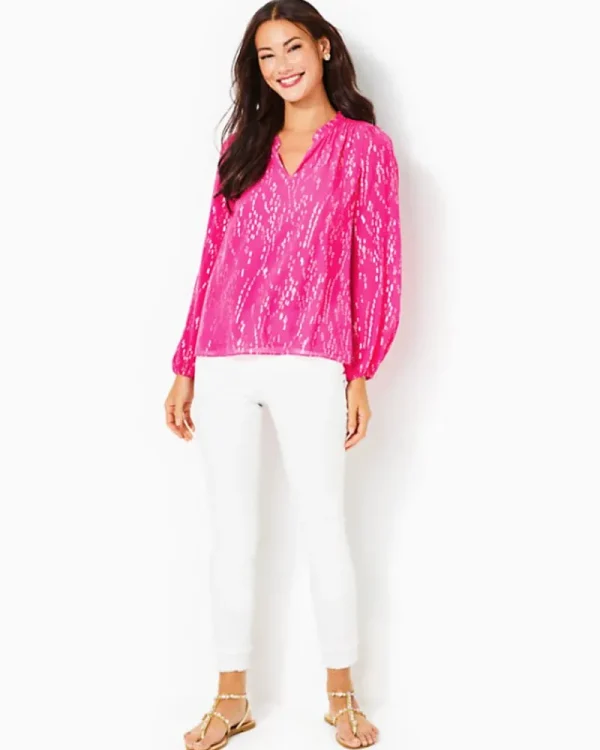 Tops^Lilly Pulitzer Giana Silk Top Pink Palms Fish Clip Chiffon