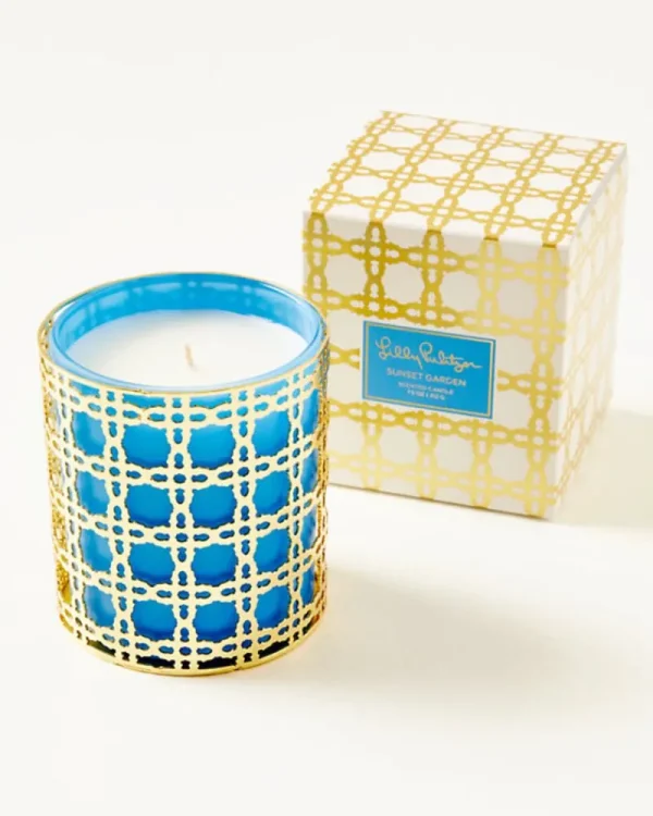 Home Decor^Lilly Pulitzer Glass Candle With Gold Caning Abaco Blue