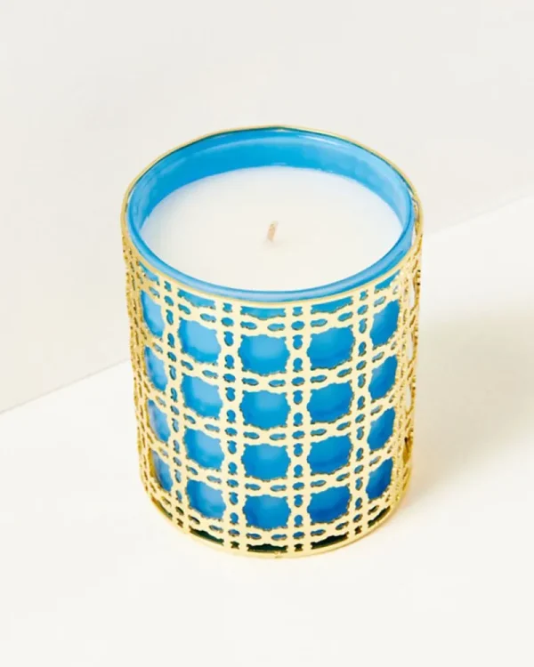 Home Decor^Lilly Pulitzer Glass Candle With Gold Caning Abaco Blue