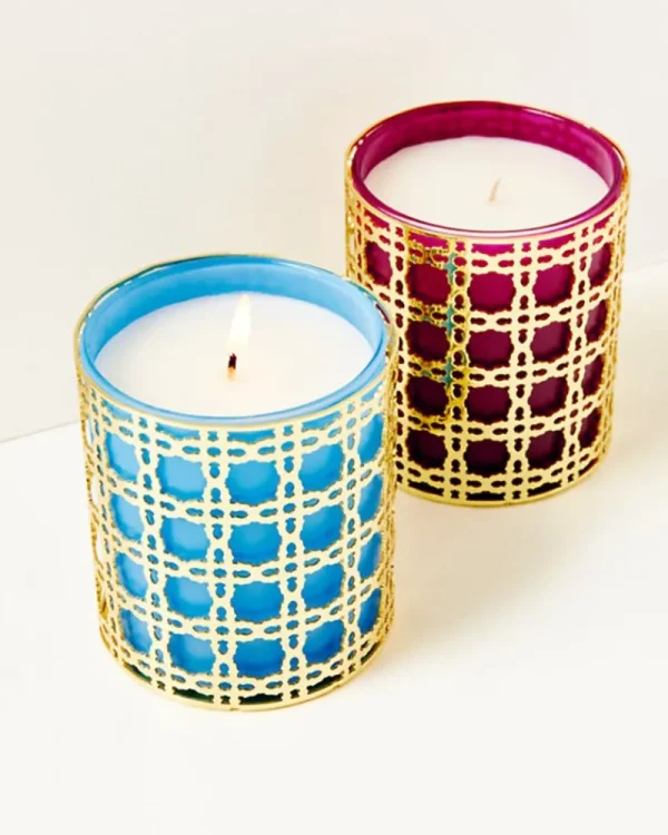 Home Decor^Lilly Pulitzer Glass Candle With Gold Caning Abaco Blue