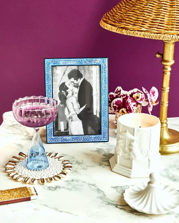 Tabletop^Lilly Pulitzer Handblown Glass Two Tone Coupe Amarena Cherry X Abaco Blue