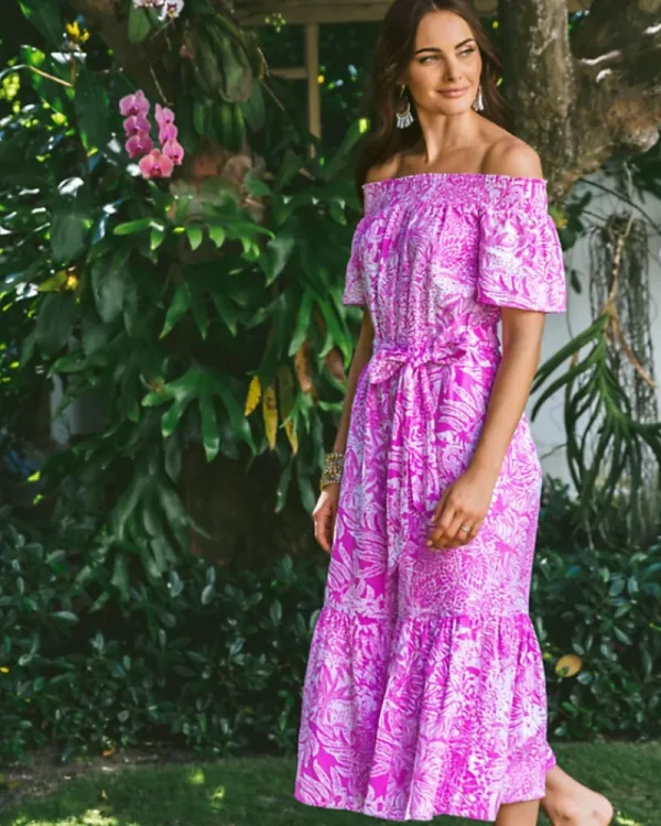 Dresses^Lilly Pulitzer Isbell Off-The-Shoulder Linen Midi Dress Wild Fuchsia Swipe Right