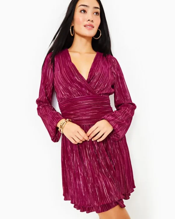 Dresses^Lilly Pulitzer Jessamie Long Sleeve Dress Mulberry Foil Printed Crinkle Woven