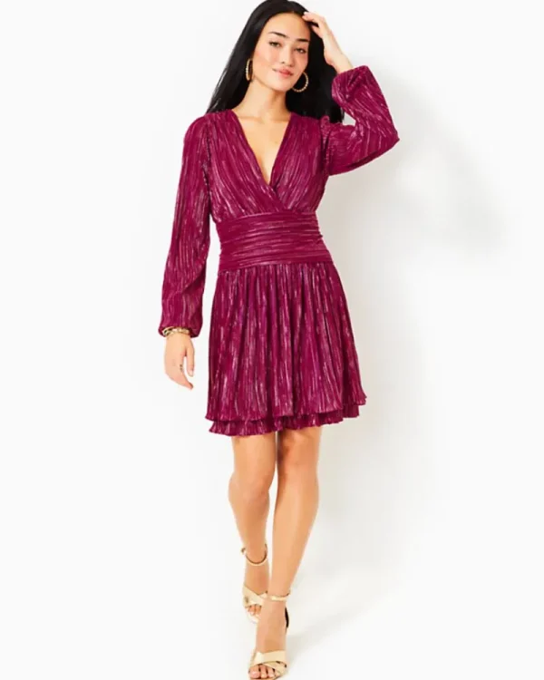 Dresses^Lilly Pulitzer Jessamie Long Sleeve Dress Mulberry Foil Printed Crinkle Woven