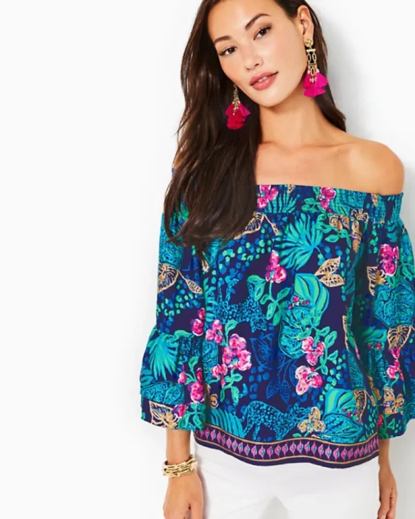 Tops^Lilly Pulitzer Kaori Off-The-Shoulder Top Low Tide Navy Life Of The Party Engineered Woven Top