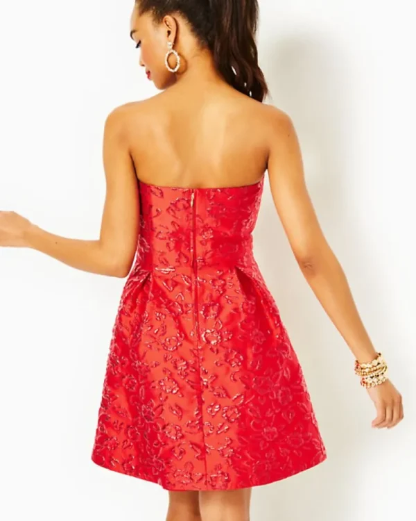 Dresses^Lilly Pulitzer Kataleya Strapless Jacquard Dress Amaryllis Red Puff Floral Brocade