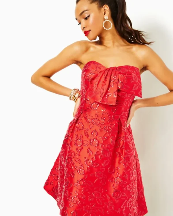 Dresses^Lilly Pulitzer Kataleya Strapless Jacquard Dress Amaryllis Red Puff Floral Brocade