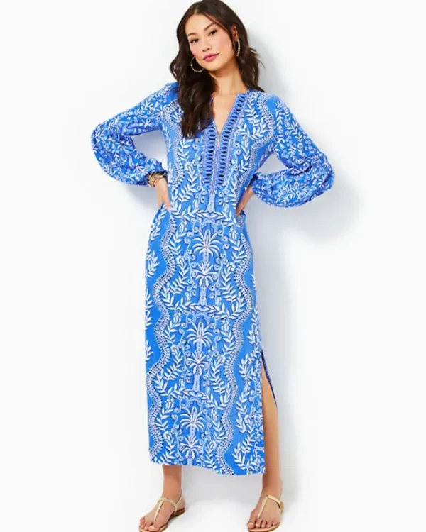 Dresses^Lilly Pulitzer Laurelie Long Sleeve Maxi Caftan Abaco Blue Have It Both Rays Engineered Woven Maxi