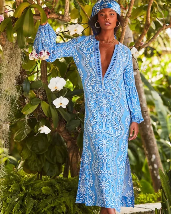Dresses^Lilly Pulitzer Laurelie Long Sleeve Maxi Caftan Abaco Blue Have It Both Rays Engineered Woven Maxi