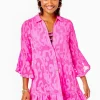 Swim^Lilly Pulitzer Linley Coverup Plumeria Pink Poly Crepe Swirl Clip