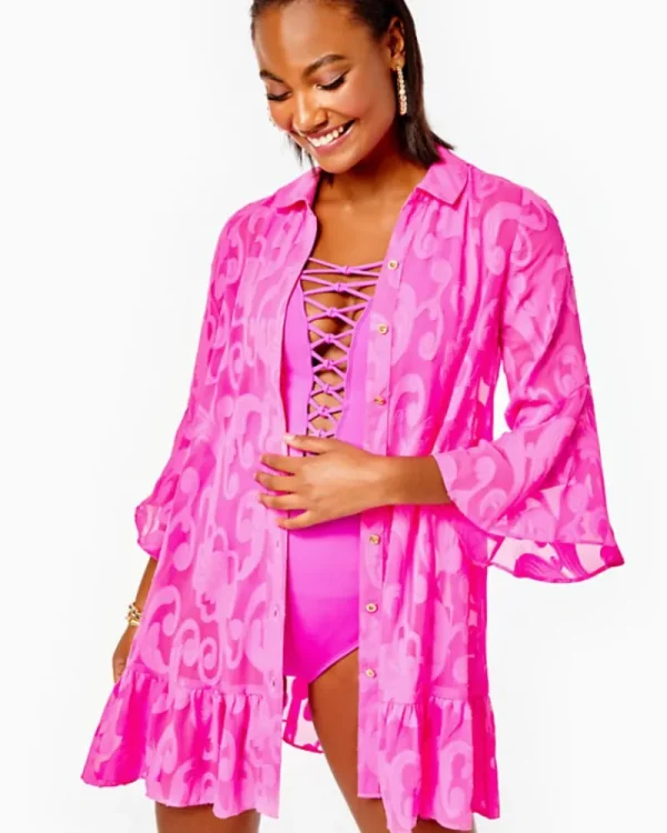 Swim^Lilly Pulitzer Linley Coverup Plumeria Pink Poly Crepe Swirl Clip