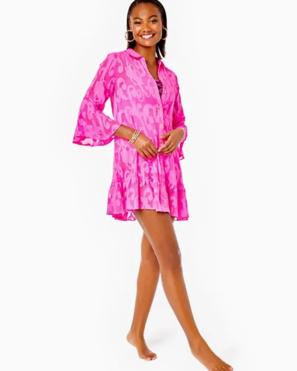 Swim^Lilly Pulitzer Linley Coverup Plumeria Pink Poly Crepe Swirl Clip