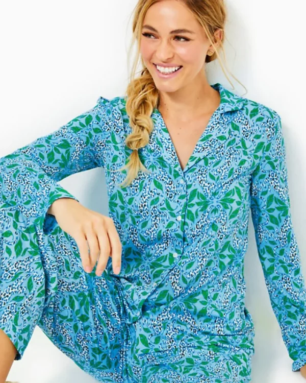 Loungewear^Lilly Pulitzer Pajama Knit Long Sleeve Button-Up Top Bon Bon Blue Leapin Leopards