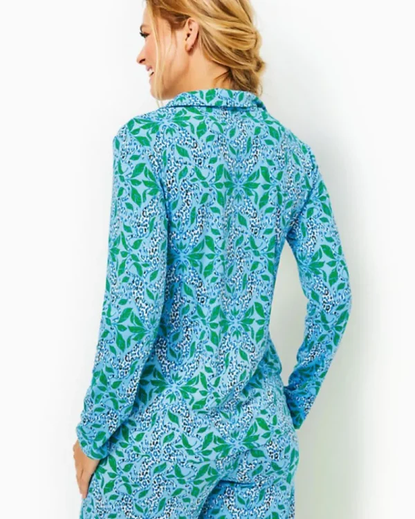 Loungewear^Lilly Pulitzer Pajama Knit Long Sleeve Button-Up Top Bon Bon Blue Leapin Leopards