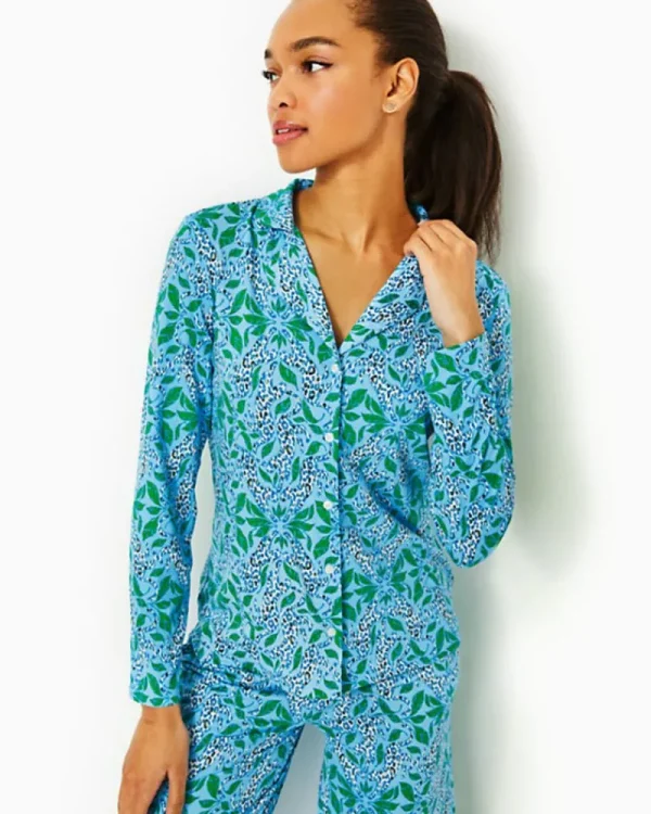 Loungewear^Lilly Pulitzer Pajama Knit Long Sleeve Button-Up Top Bon Bon Blue Leapin Leopards