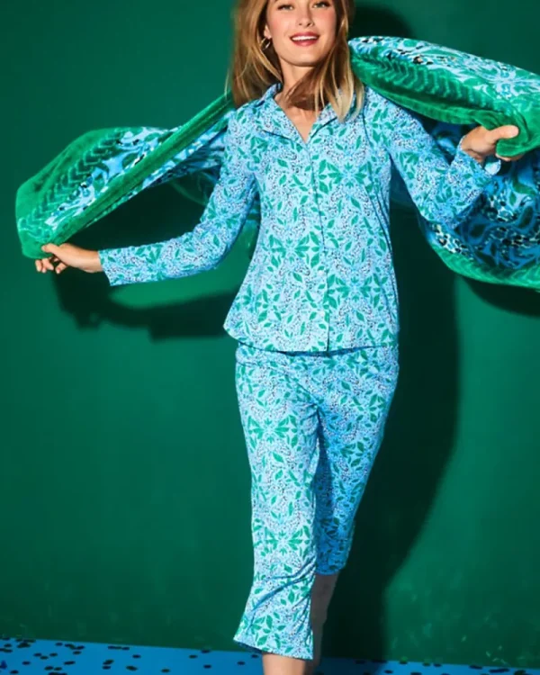 Loungewear^Lilly Pulitzer Pajama Knit Long Sleeve Button-Up Top Bon Bon Blue Leapin Leopards